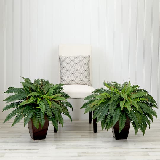 23" Artificial Boston Fern Plant with Tapered Bronze Square Metal Planter